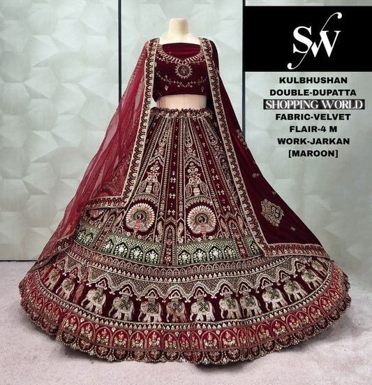Dark Maroon Velvet peacock Double Dupatta Bridal Lehenga