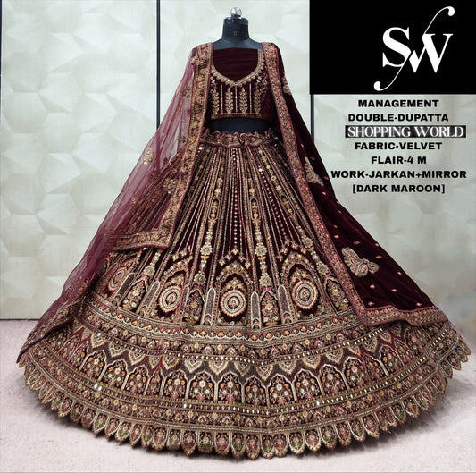 Maroon Velvet Double Dupatta Bridal Lehenga