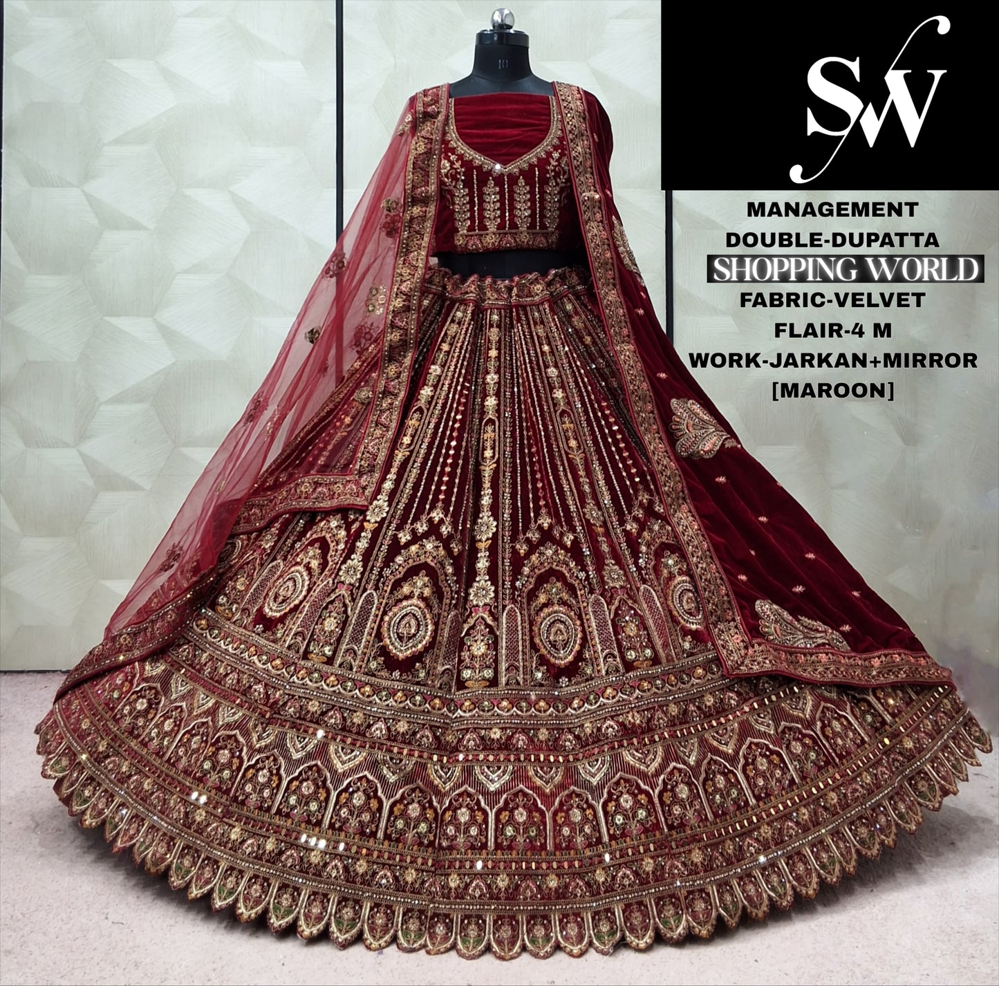 Dark Maroon Velvet Double Dupatta Bridal Lehenga