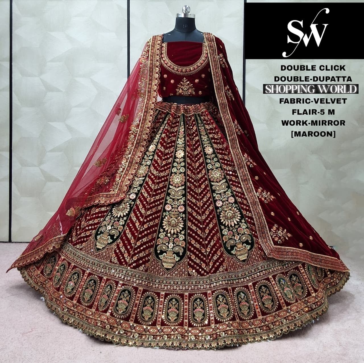 Maroon Velvet Double Dupatta Bridal Lehenga