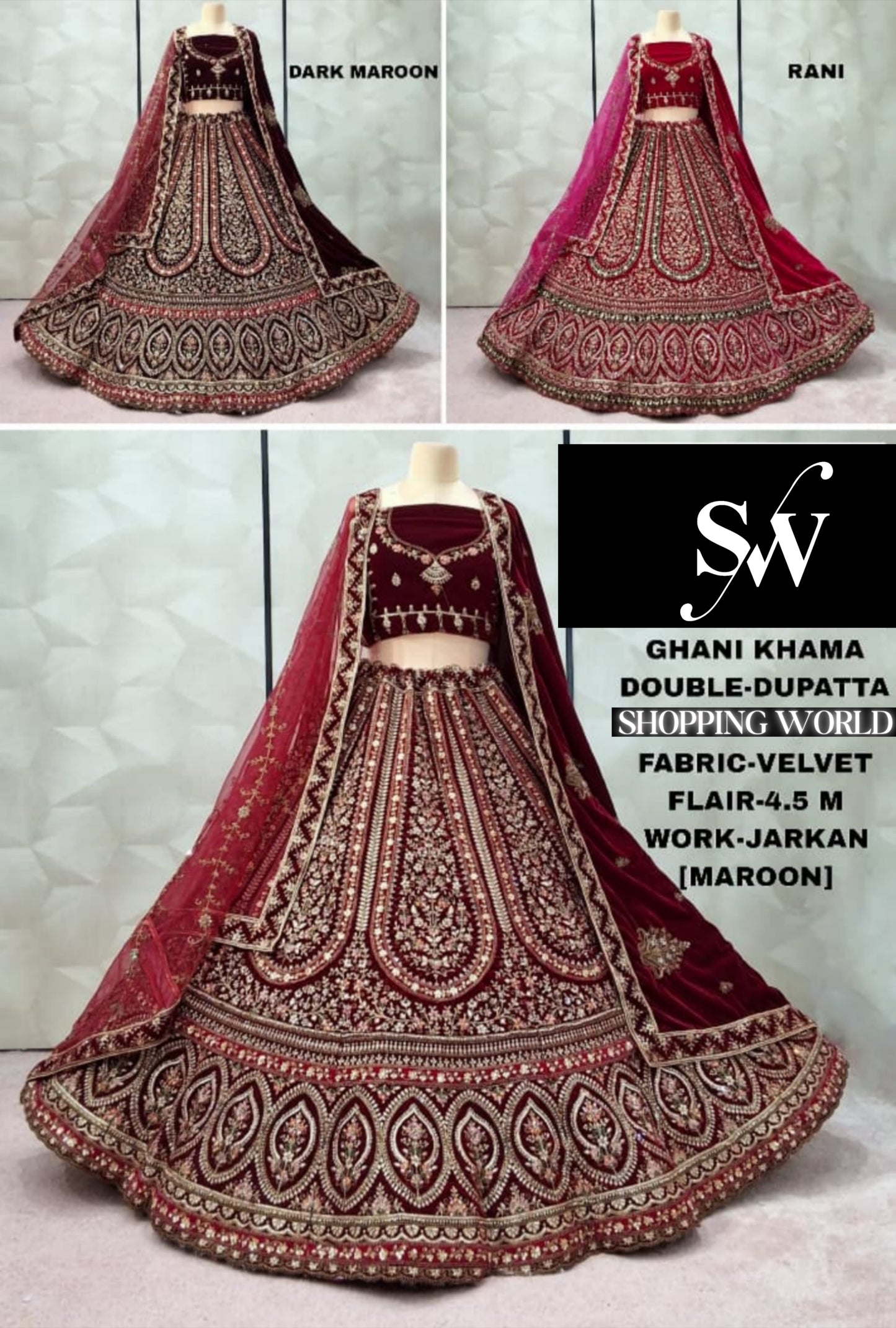 Maroon Rani pink Dark Maroon Velvet Double Dupatta Bridal Lehenga