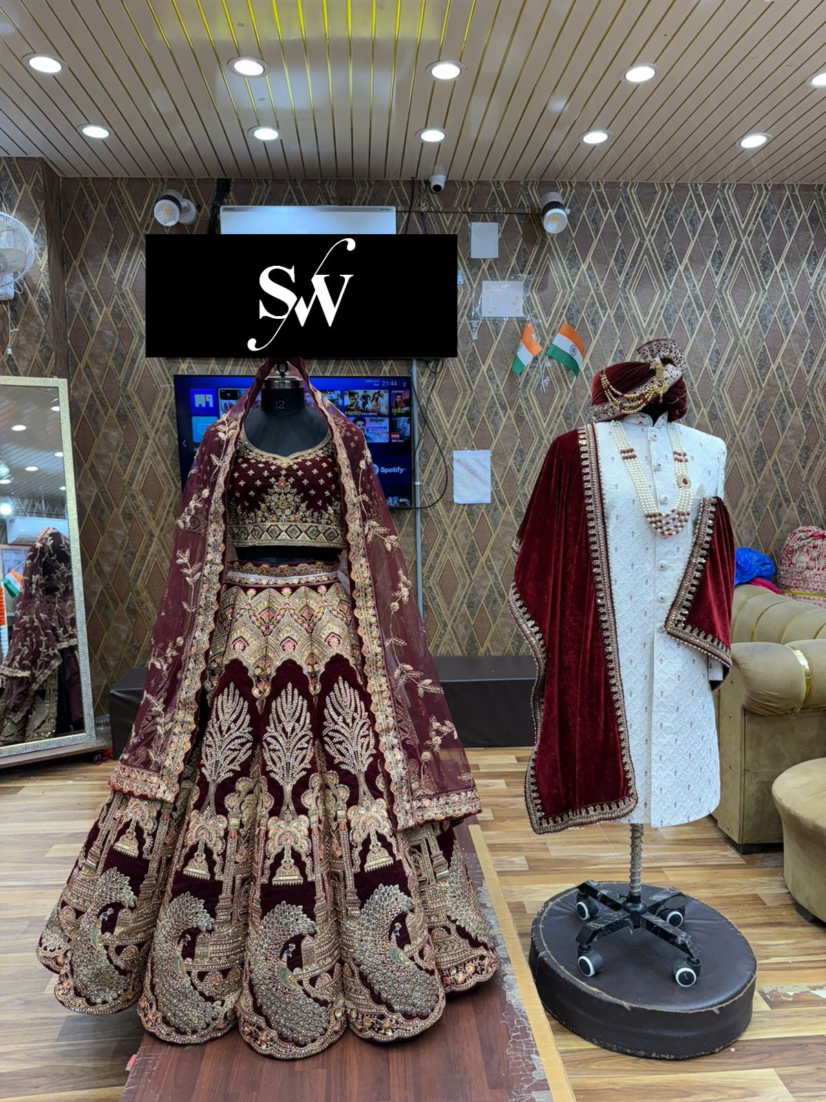 Dark Maroon Peacock Ball Bridal Lehenga Sherwani