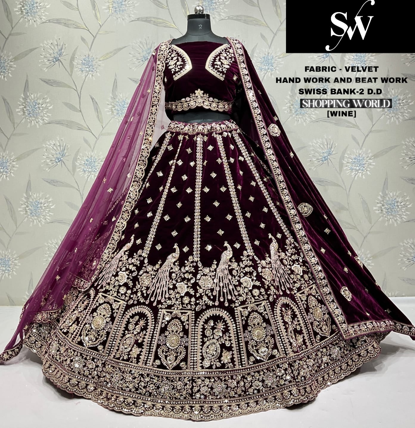 Wine Velvet Peacock Bridal Lehenga