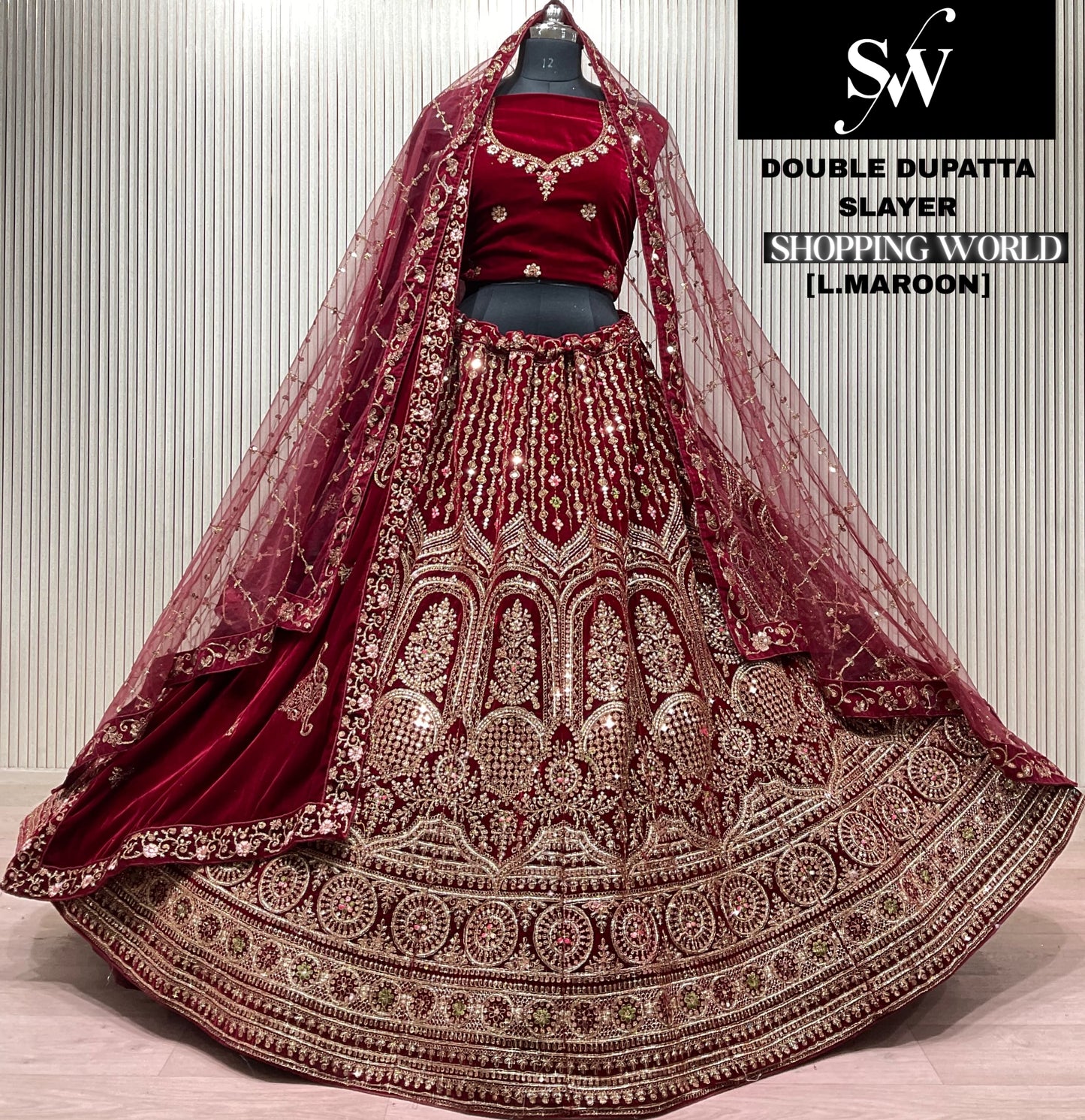 Dark Maroon Double Dupatta Bridal Lehenga