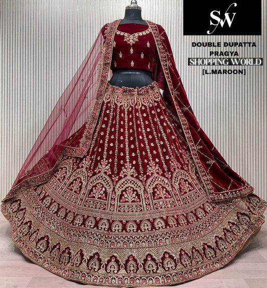 Dark Maroon Double Dupatta Bridal Lehenga