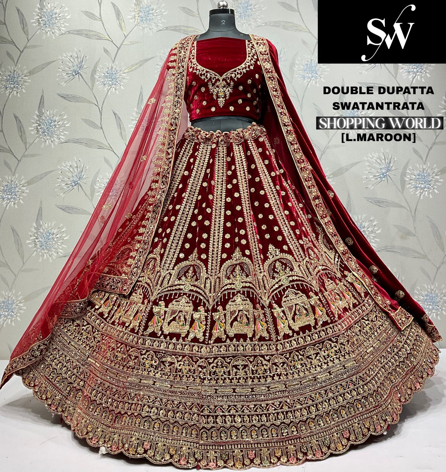 Dark Maroon Doli Barat Double Dupatta Bridal Lehenga