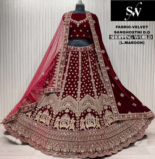 Dark Maroon Doli Barat Velvet Bridal Lehenga
