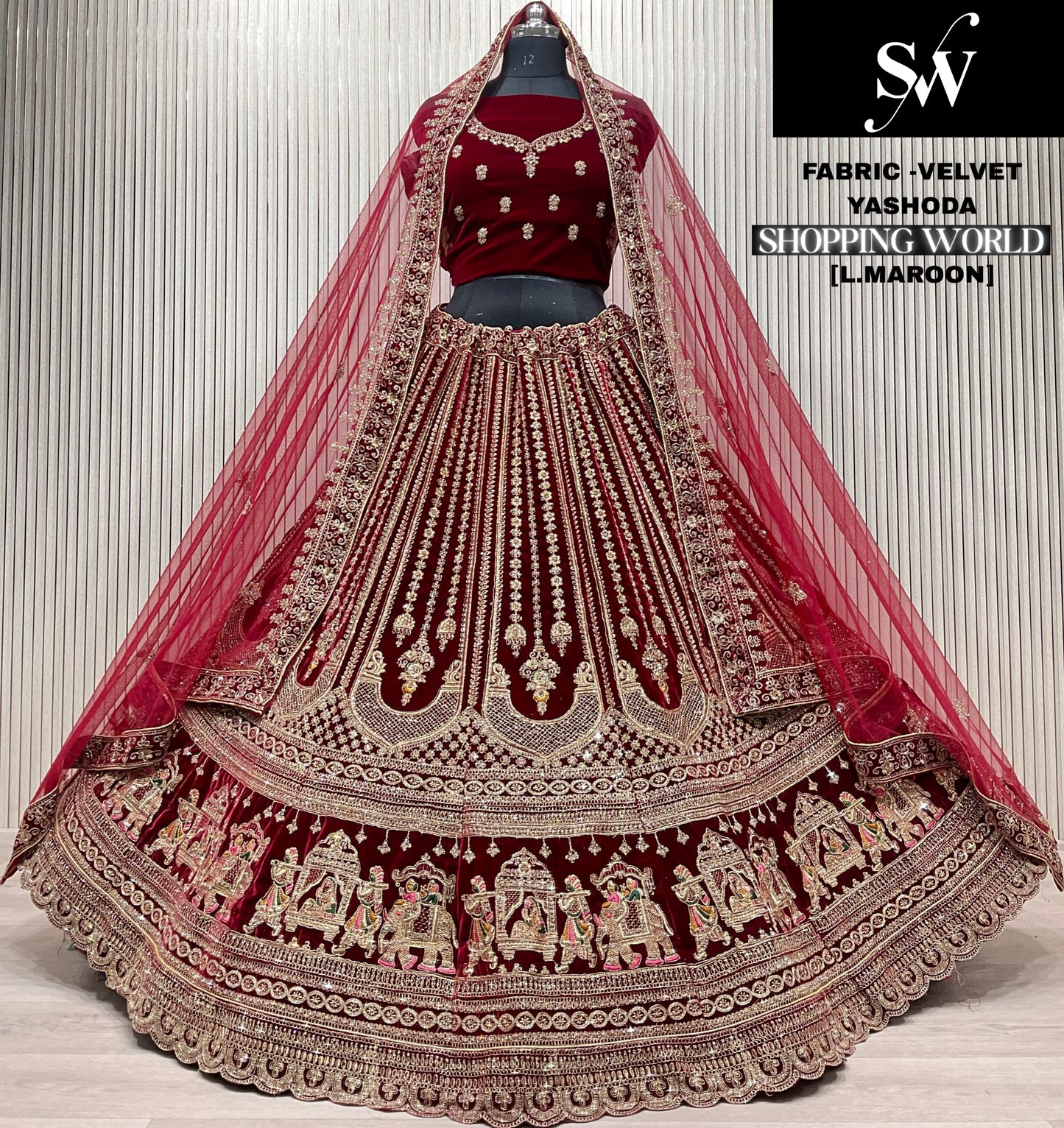 Dark Maroon Velvet Doli Barat Bridal Lehenga