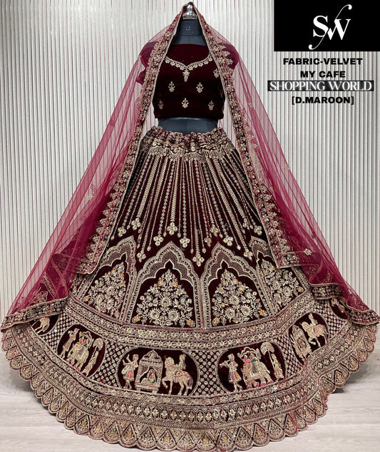 Light Maroon Velvet Bridal Lehenga