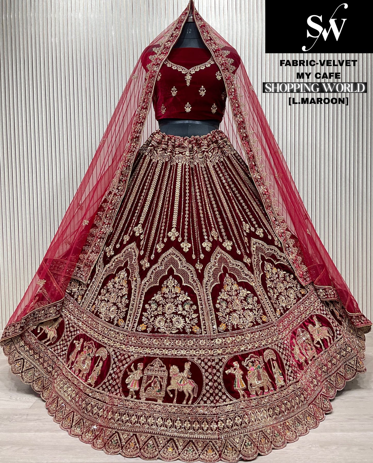 Dark Maroon Velvet Bridal Lehenga