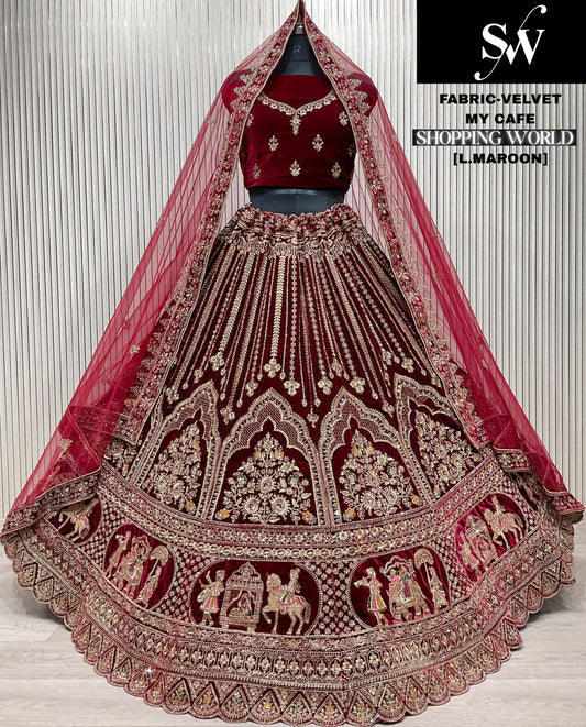 Dark Maroon Velvet Bridal Lehenga