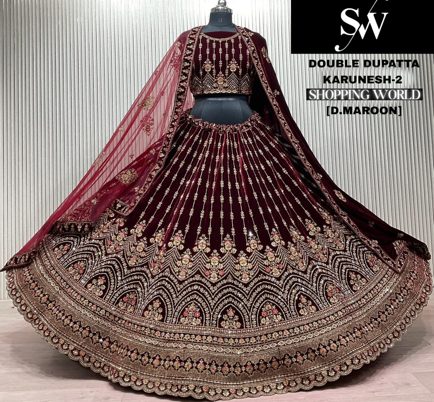 Dark Maroon Double Dupatta Bridal Lehenga - Shopping World
