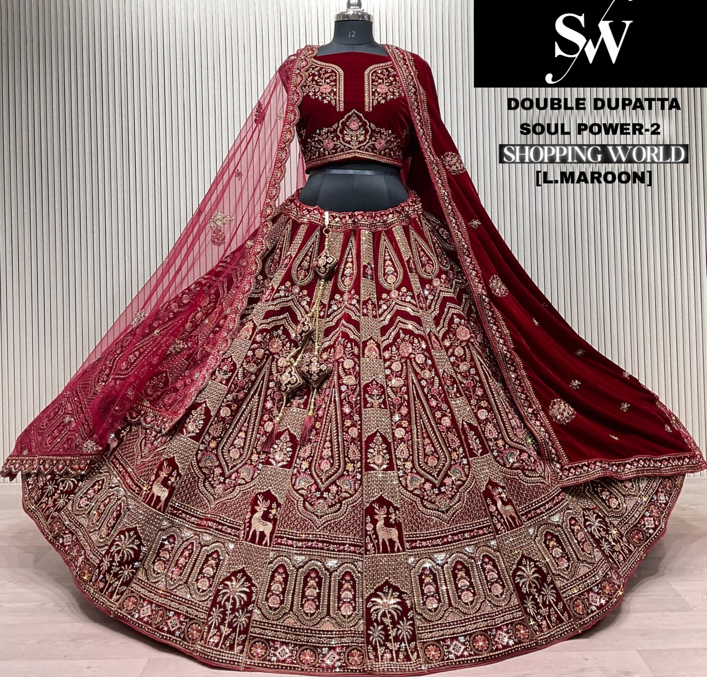 Light Maroon Double Dupatta Bridal Lehenga - Shopping World