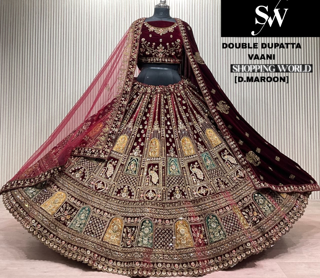 Dark Maroon Double Dupatta Bridal Lehenga - Shopping World