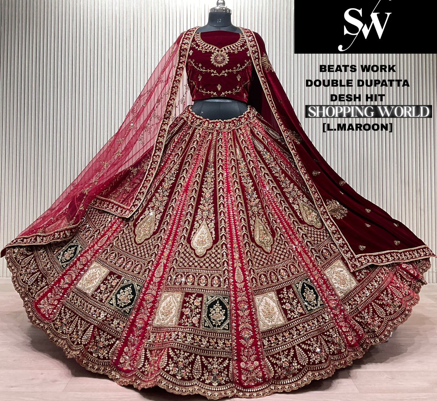 Dark Maroon Double Dupatta Bridal Lehenga - Shopping World