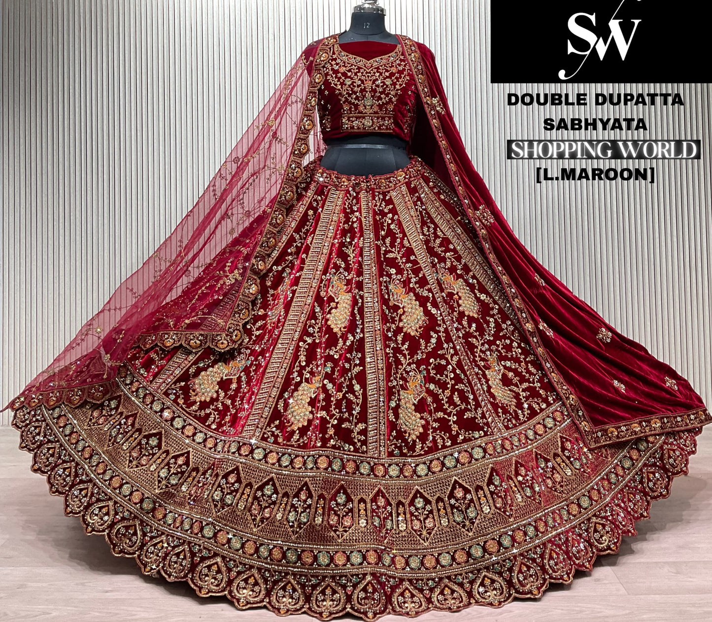 Light Maroon Peacock Double Dupatta Bridal Lehenga - Shopping World