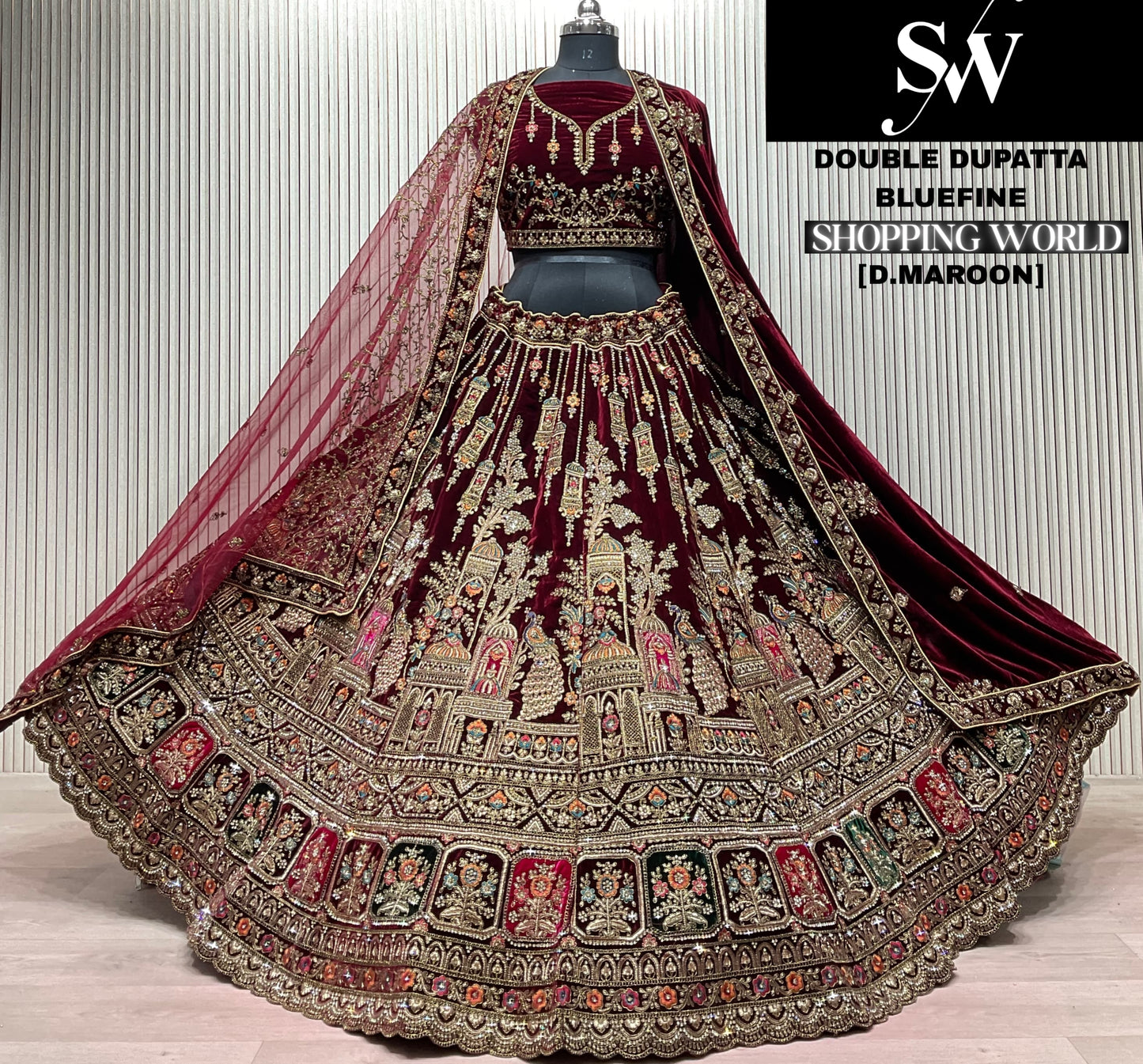 Dark Maroon Peacock Double Dupatta Bridal Lehenga - Shopping World