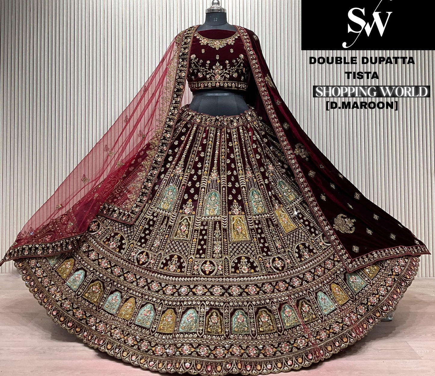 Dark Maroon Double Dupatta Bridal Lehenga - Shopping World