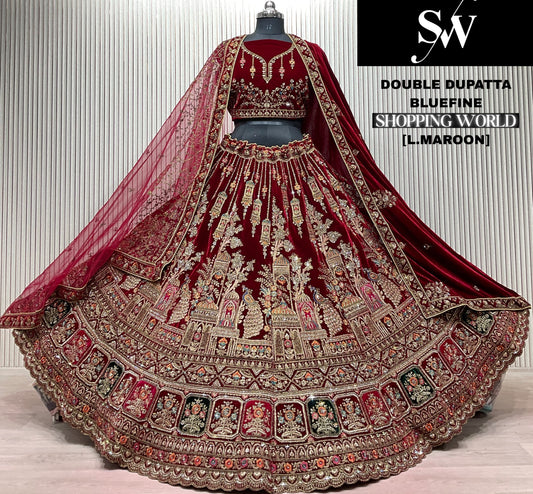 Dark Maroon Peacock Double Dupatta Bridal Lehenga