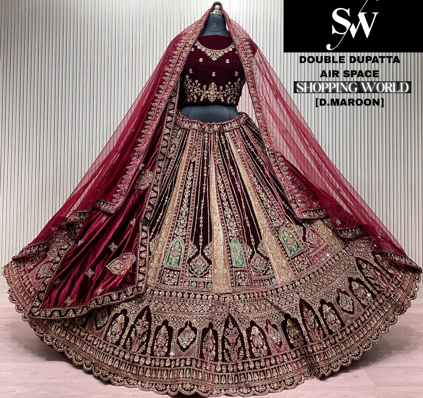 Dark Maroon Double Dupatta Bridal Lehenga - Shopping World