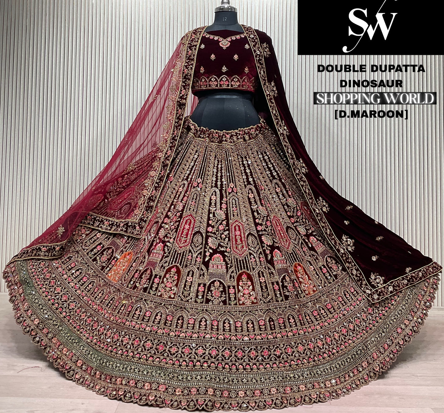Dark Maroon Double Dupatta Bridal Lehenga - Shopping World