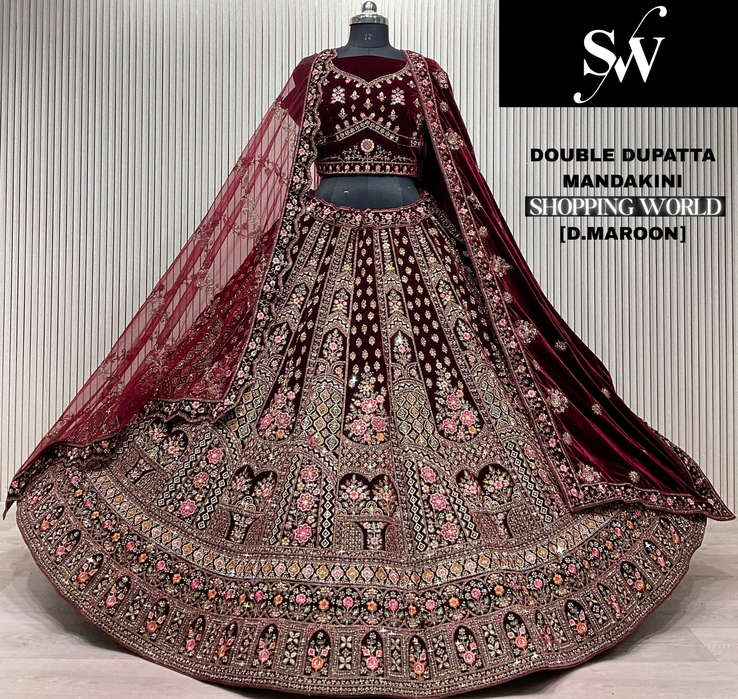 Dark Maroon Double Dupatta Bridal Lehenga - Shopping World
