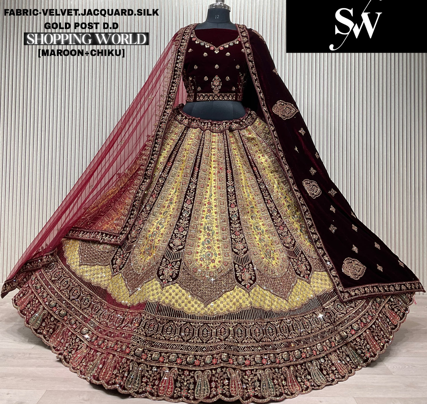 Maroon Golden Velvet Jacquard Silk Bridal Lehenga - Shopping World