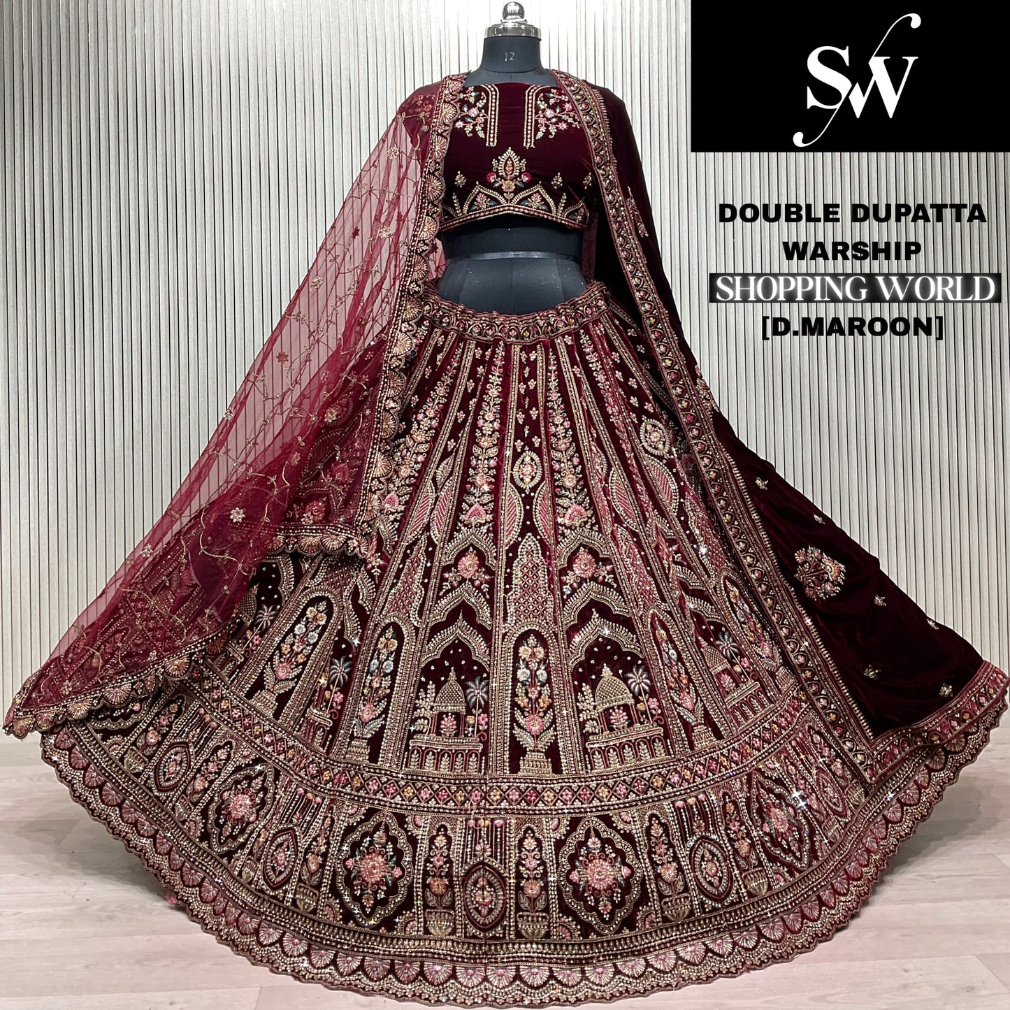 Heavy Dark Maroon Double Dupatta Bridal Lehenga - Shopping World