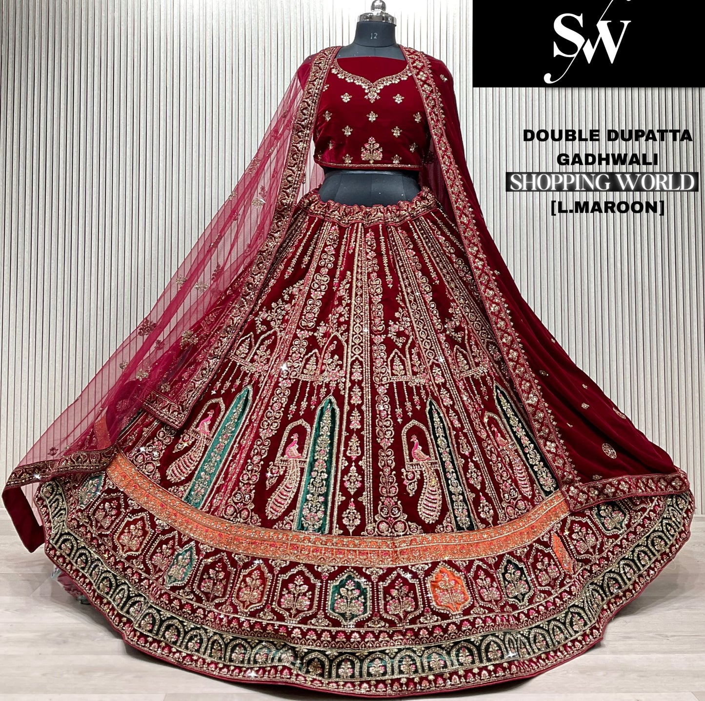 Light Maroon peacock Double Dupatta Bridal Lehenga - Shopping World