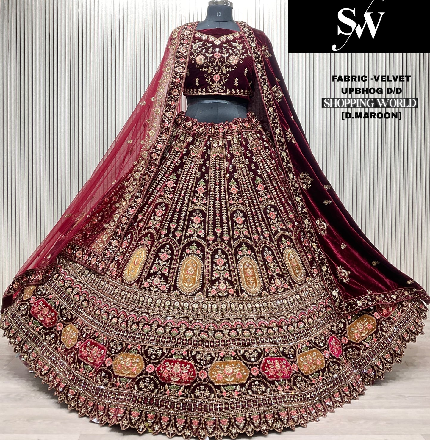 Dark Maroon Velvet Bridal Lehenga - Shopping World