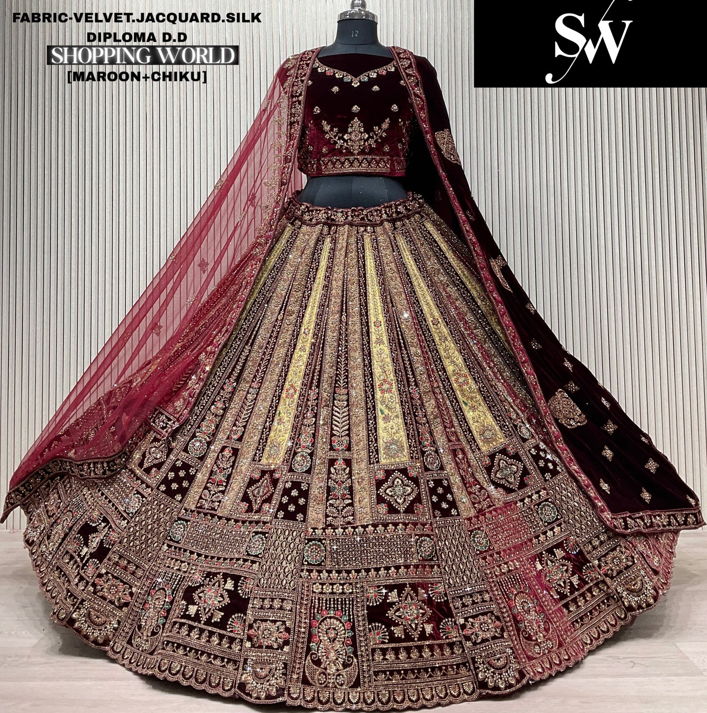 Maroon golden Velvet Jacquard Silk Bridal Lehenga - Shopping World