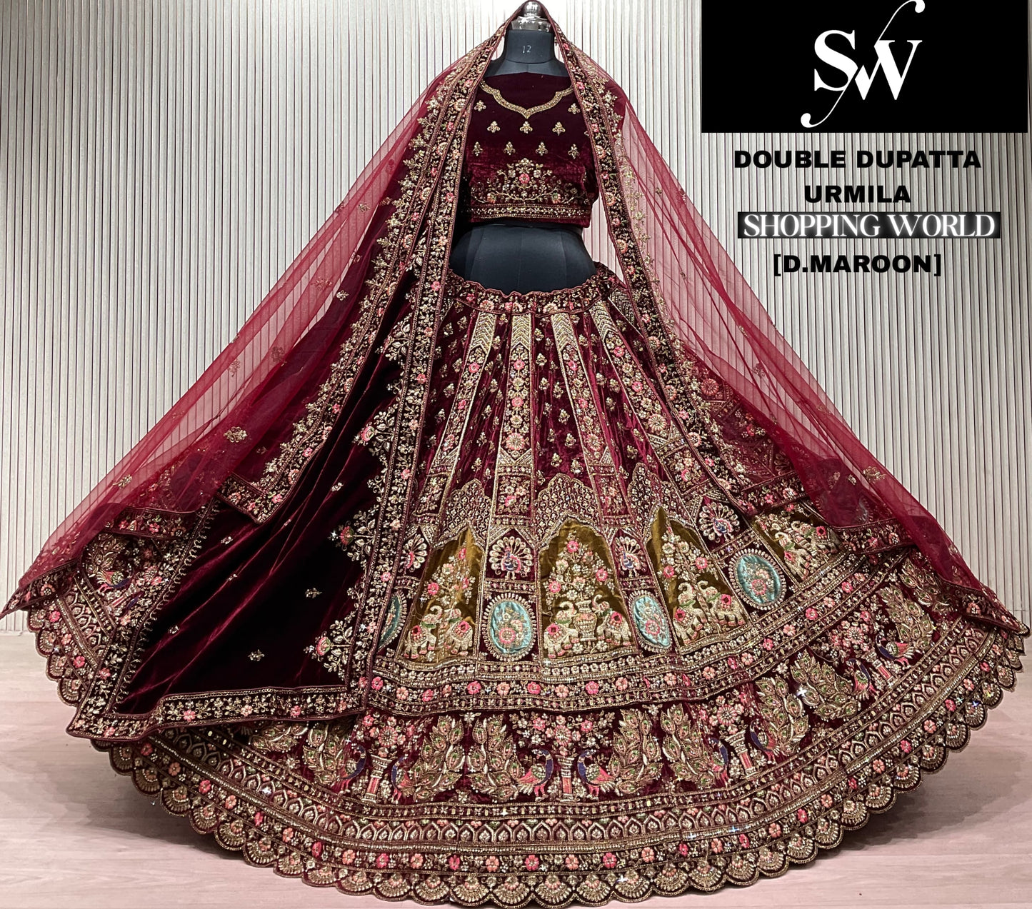 Dark Maroon Double Dupatta Bridal Lehenga - Shopping World