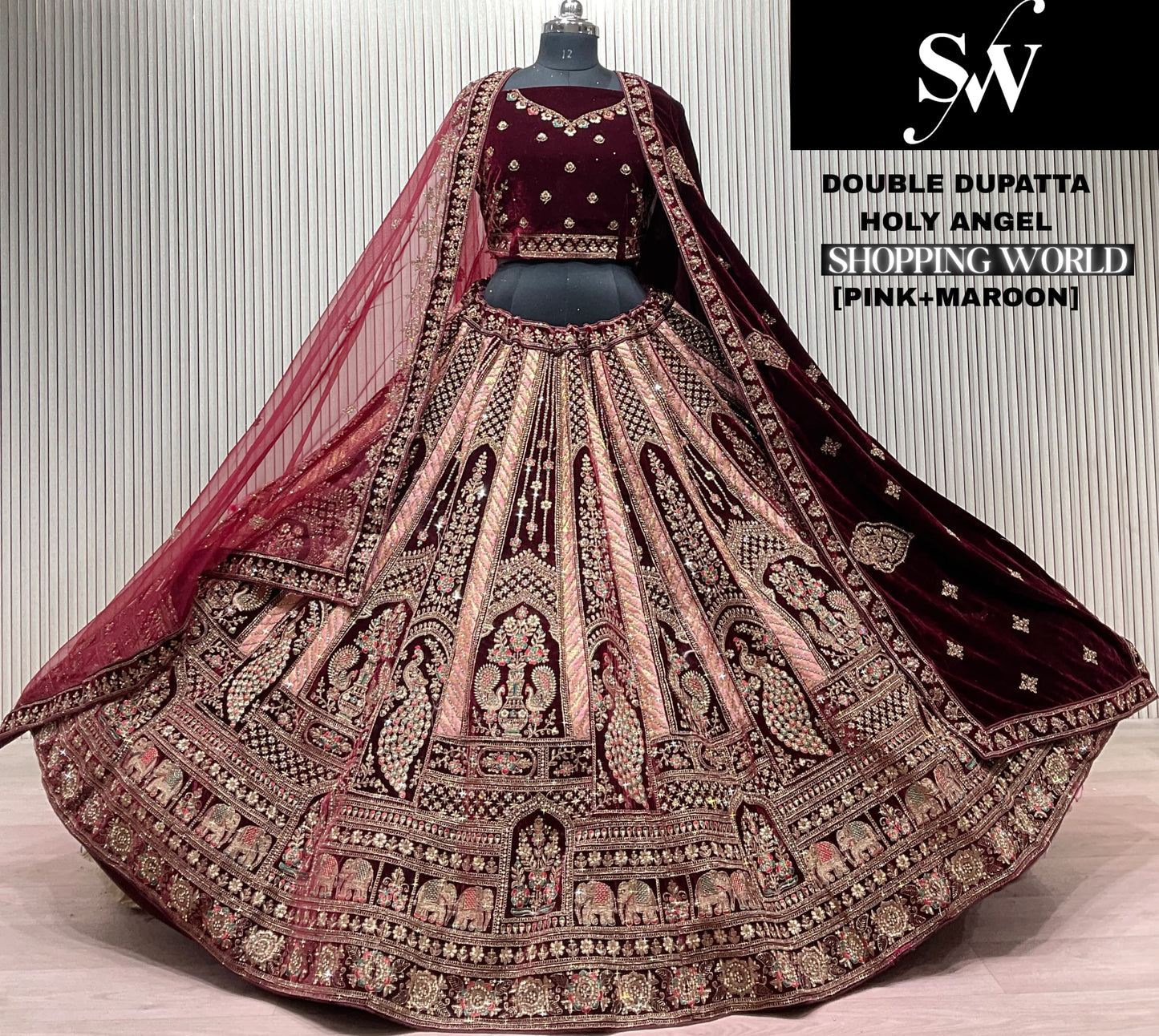 Pink Maroon Peacock Double Dupatta Bridal Lehenga - Shopping World