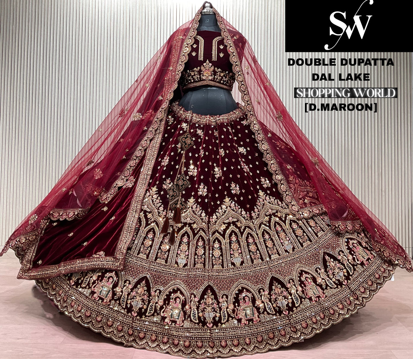 Dark Maroon Double Dupatta Bridal Lehenga - Shopping World