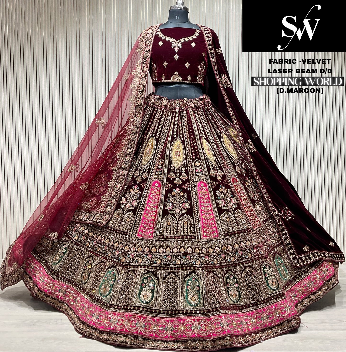 Light Maroon Velvet Bridal Lehenga - Shopping World