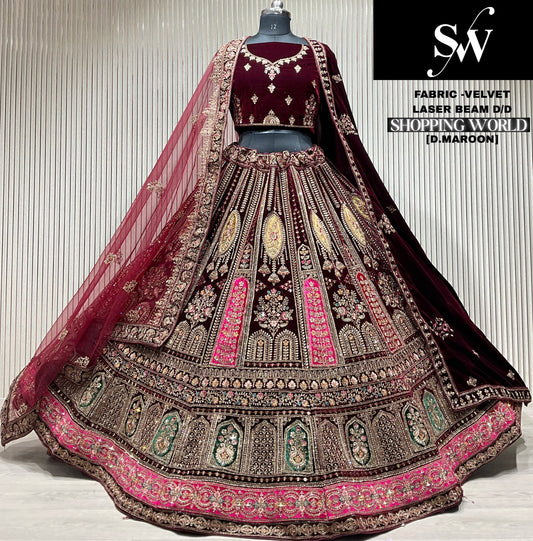 Light Maroon Velvet Bridal Lehenga