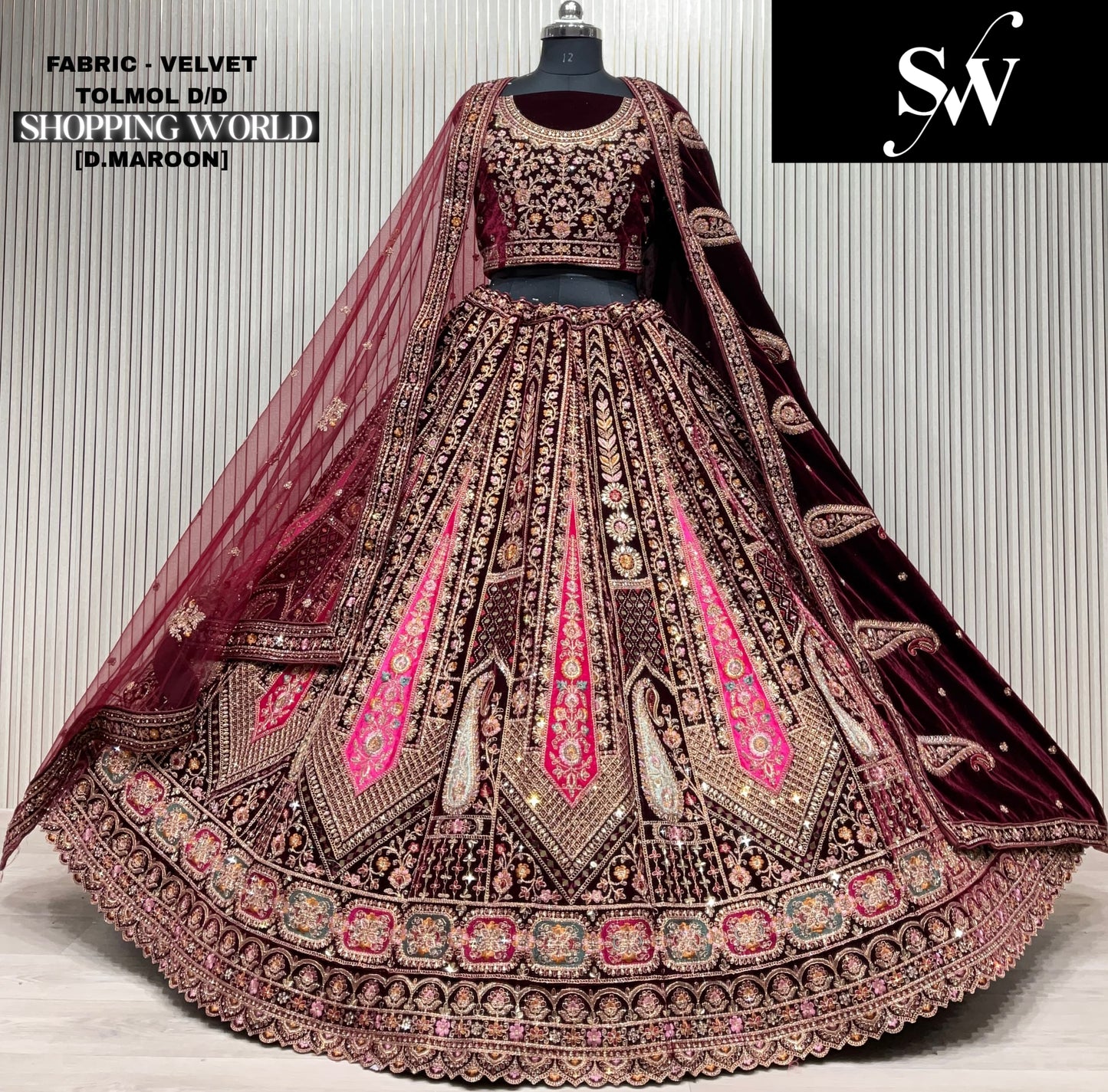 Dark Maroon Velvet Bridal Lehenga - Shopping World