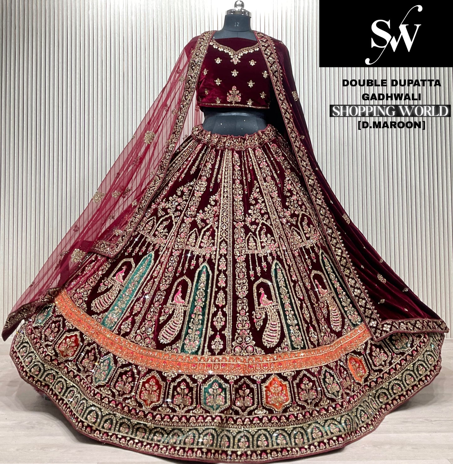 Light Maroon peacock Double Dupatta Bridal Lehenga - Shopping World