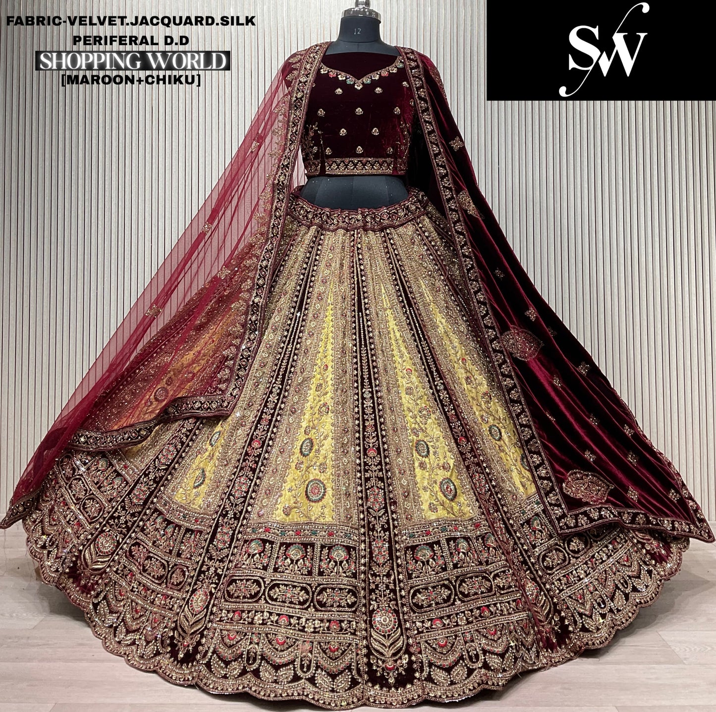 Maroon Chiku golden Velvet Jacquard Silk Bridal Lehenga - Shopping World