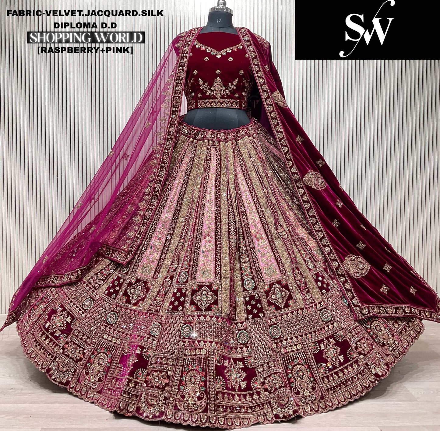 Maroon golden Velvet Jacquard Silk Bridal Lehenga - Shopping World