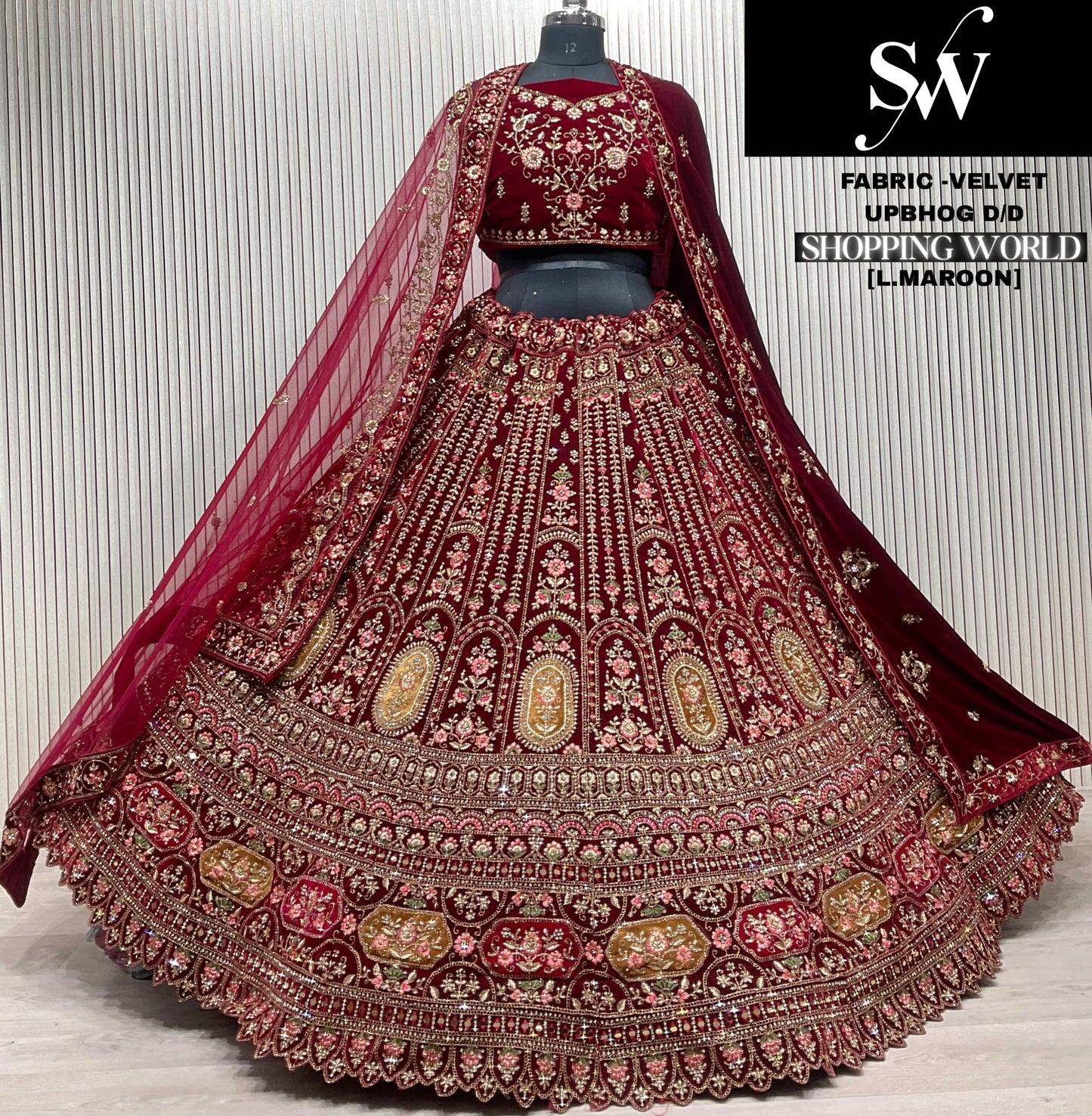 Dark Maroon Velvet Bridal Lehenga - Shopping World