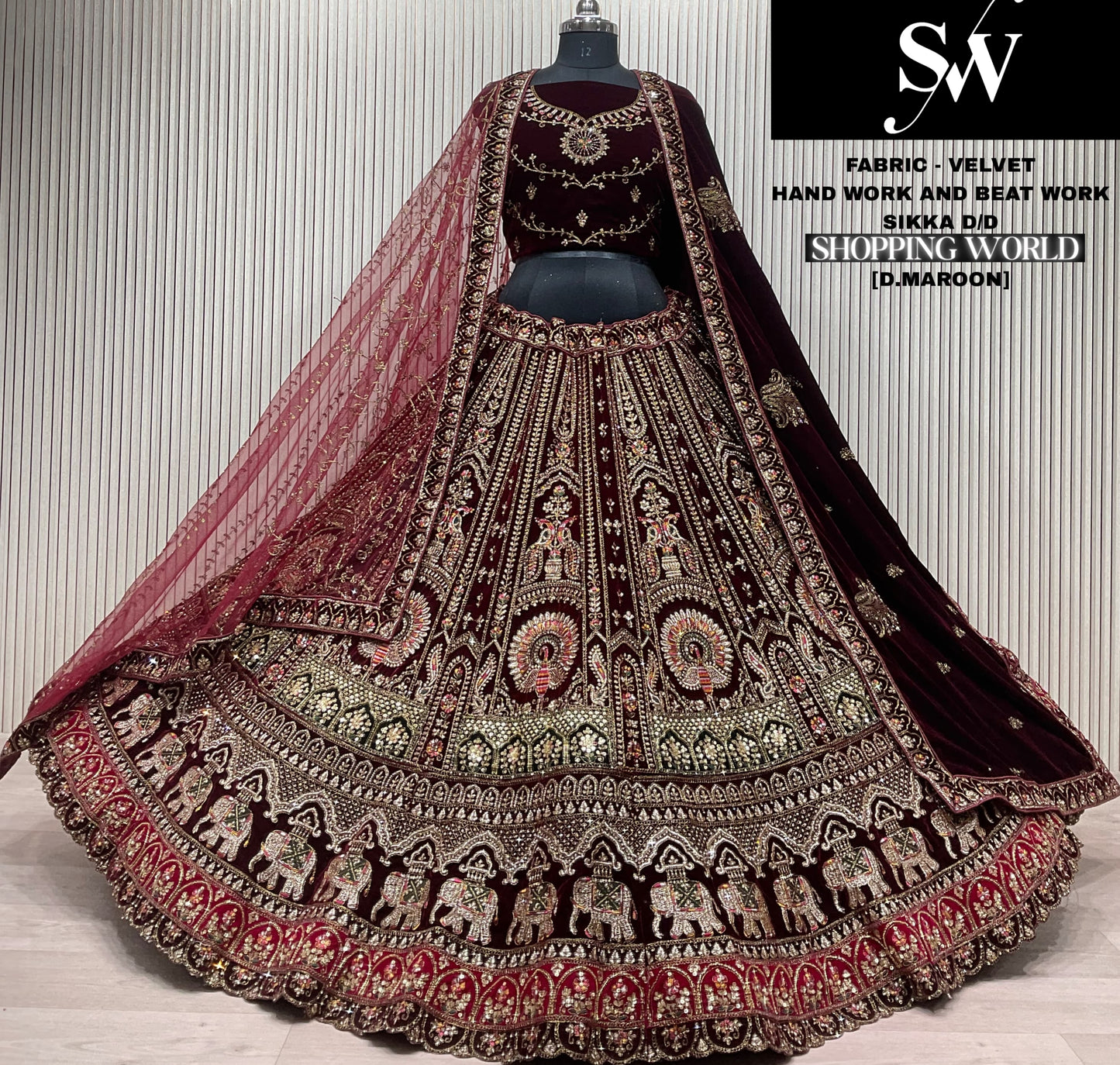 Dark Maroon Peacock Velvet Bridal Lehenga - Shopping World