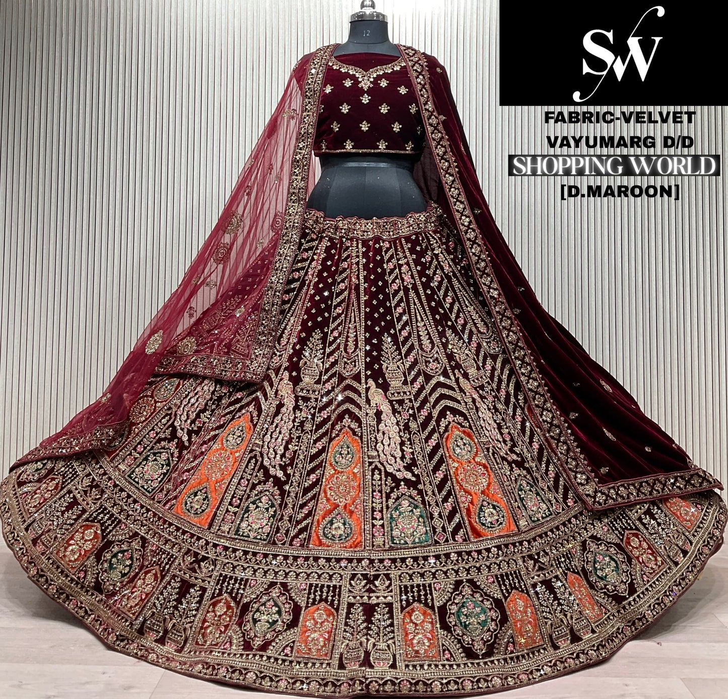 Dark Maroon Peacock Velvet Bridal Lehenga - Shopping World