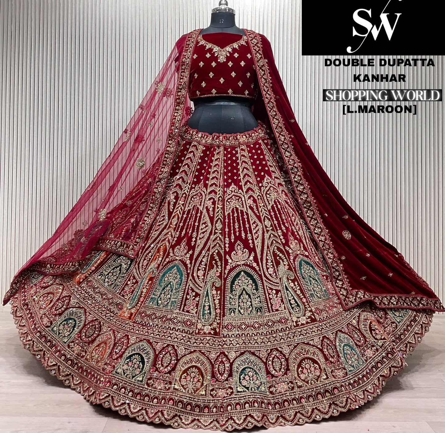 Light Maroon Double Dupatta Bridal Lehenga - Shopping World
