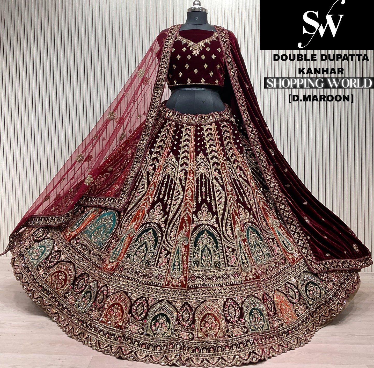 Light Maroon Double Dupatta Bridal Lehenga - Shopping World