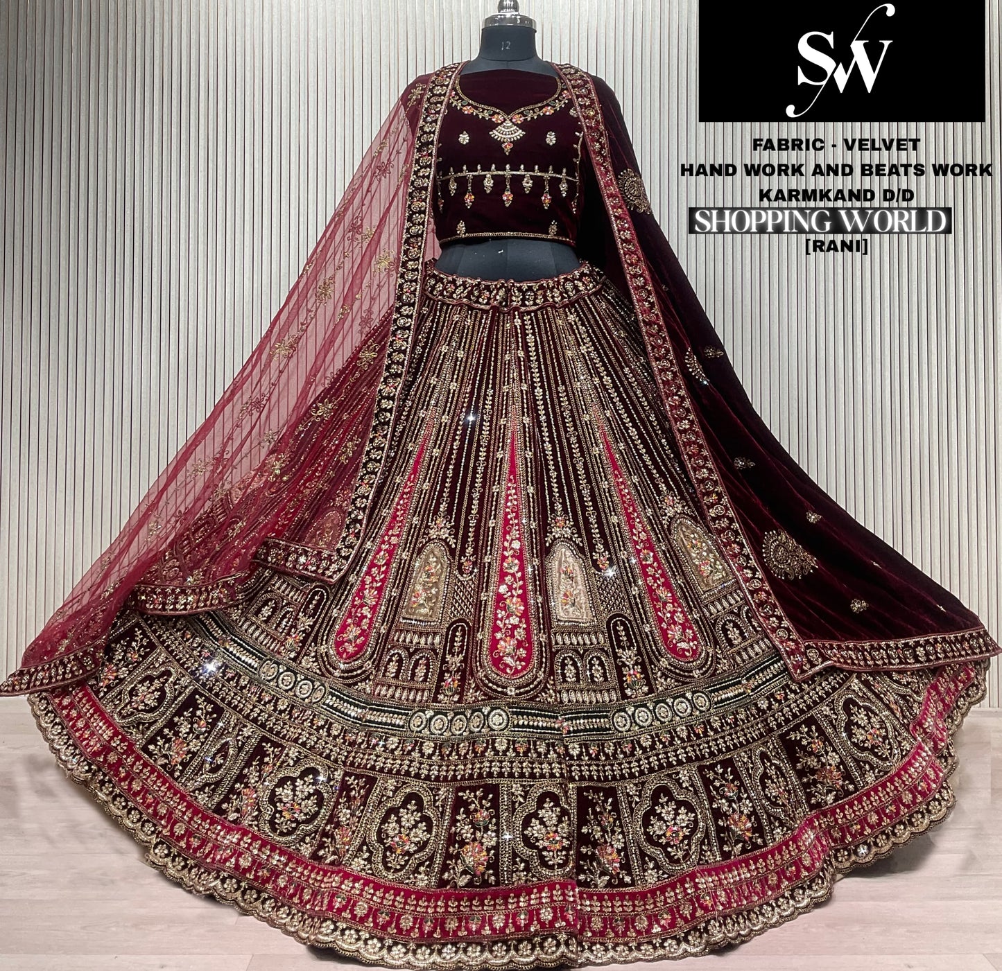 Rani pink maroon Velvet Bridal Lehenga - Shopping World