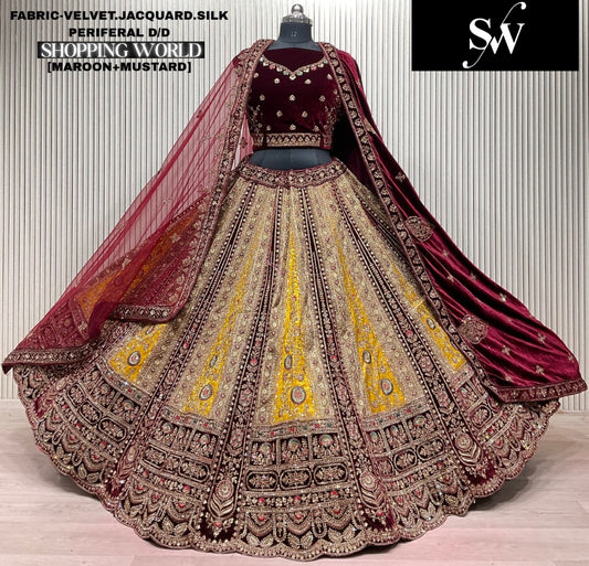 Maroon Chiku golden Velvet Jacquard Silk Bridal Lehenga