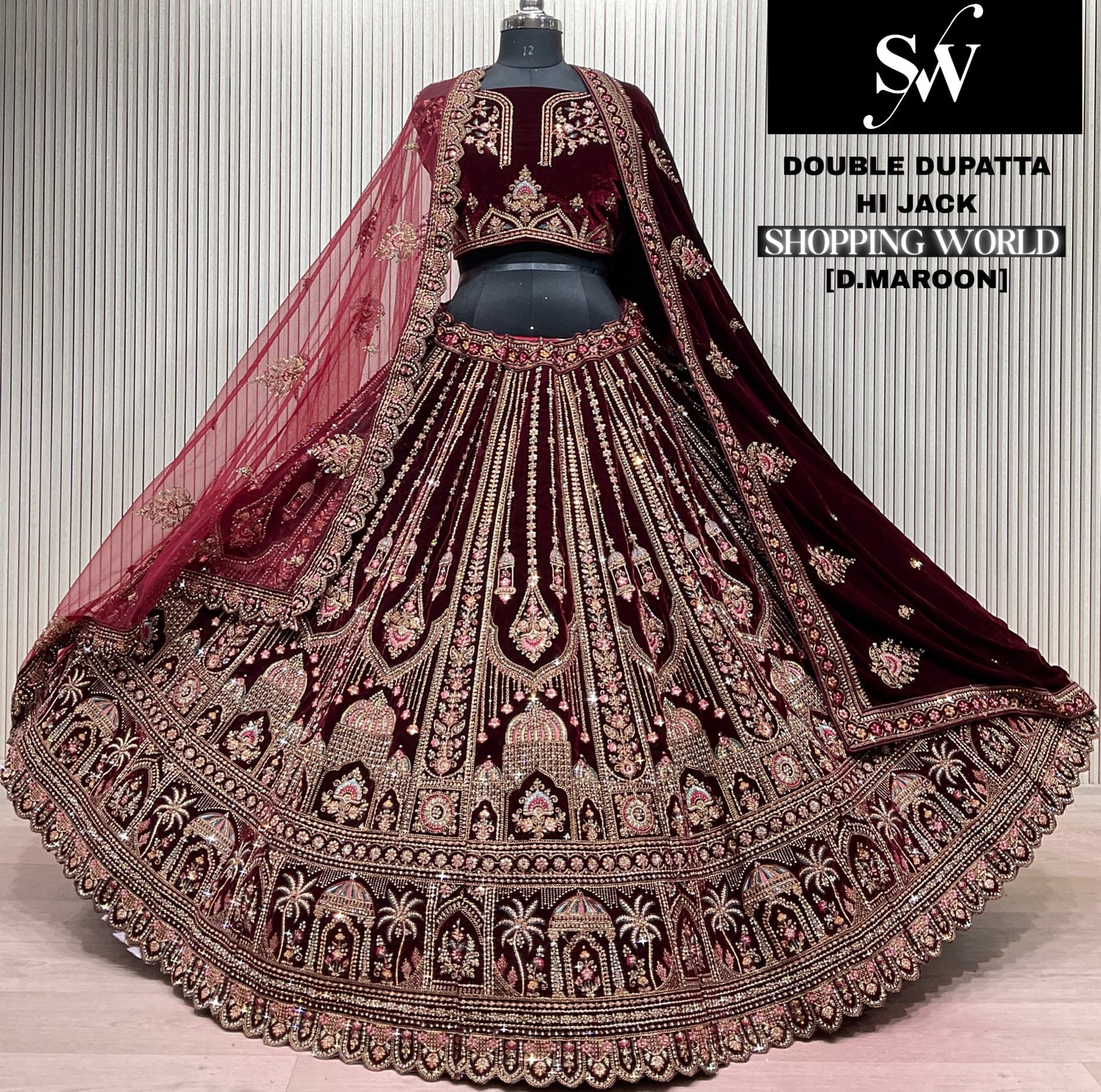 Dark Maroon Double Dupatta Bridal Lehenga - Shopping World
