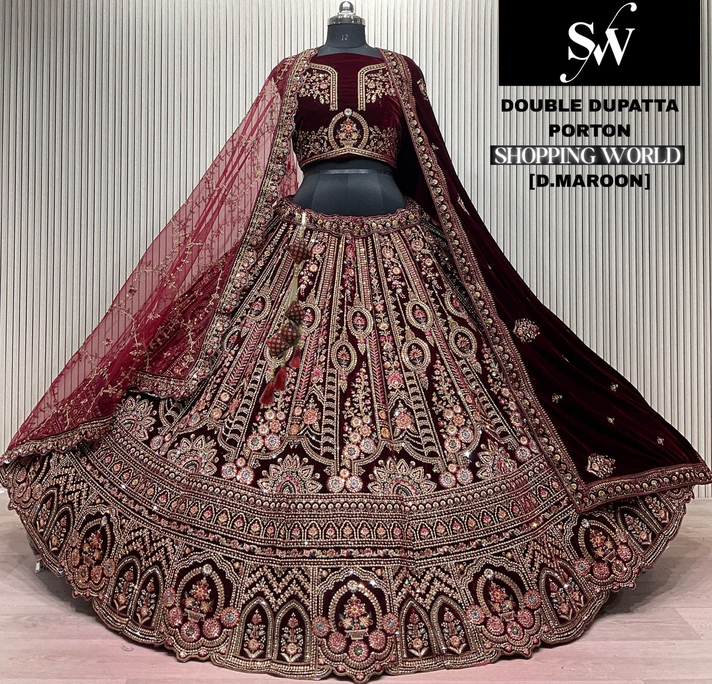 Dark Maroon Double Dupatta Bridal Lehenga - Shopping World