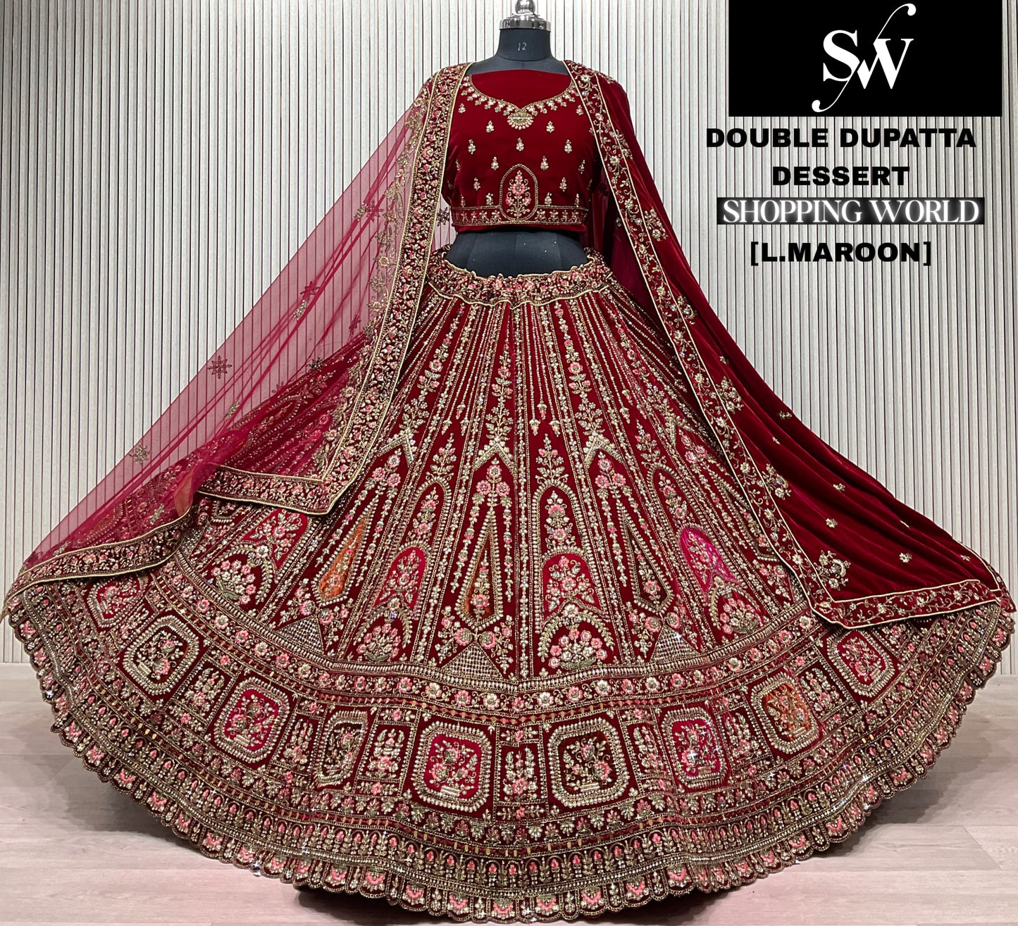 Light Maroon Double Dupatta Bridal Lehenga - Shopping World
